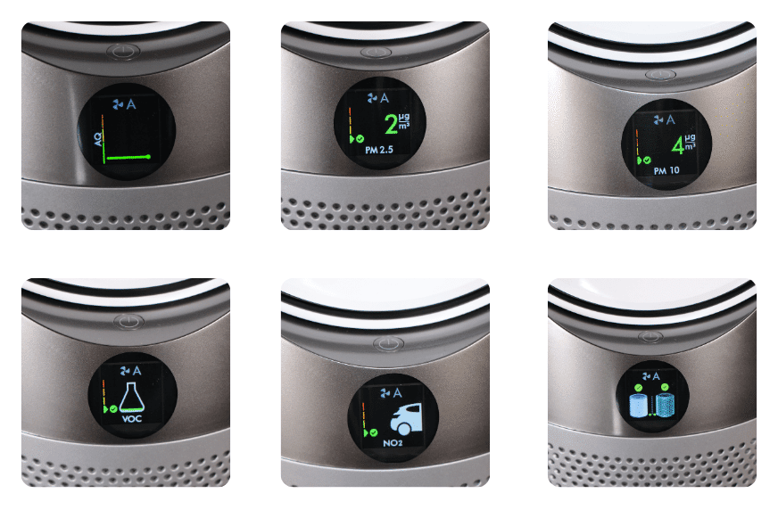 Different icons for different functions are shown on the Dyson Pure Hot and Cool HP04 air purifier display